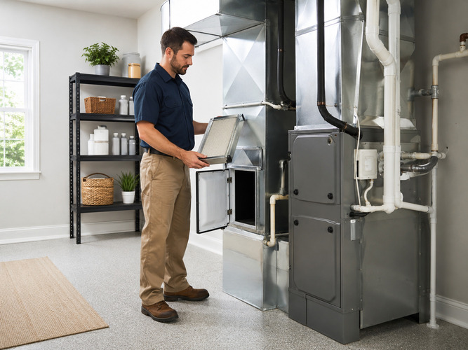 technician installing an electronic air cleaner